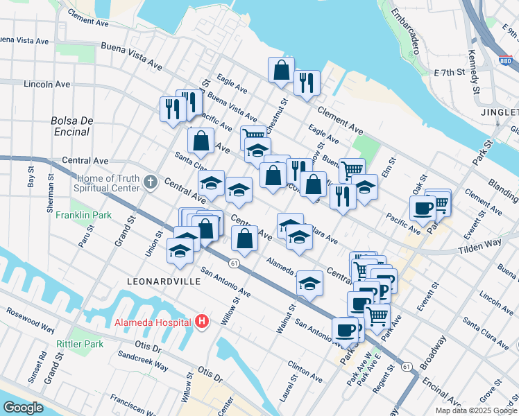 map of restaurants, bars, coffee shops, grocery stores, and more near 2056 Santa Clara Avenue in Alameda