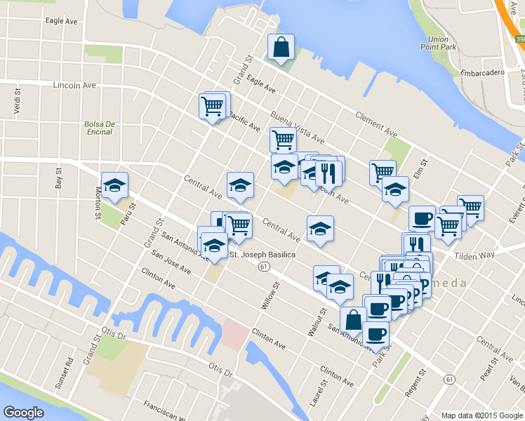 map of restaurants, bars, coffee shops, grocery stores, and more near 2025 Central Avenue in Alameda