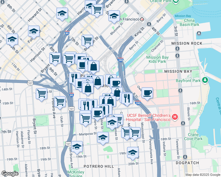 map of restaurants, bars, coffee shops, grocery stores, and more near 150 Hooper Street in San Francisco