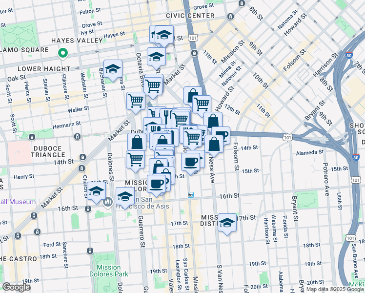 map of restaurants, bars, coffee shops, grocery stores, and more near 344 14th Street in San Francisco