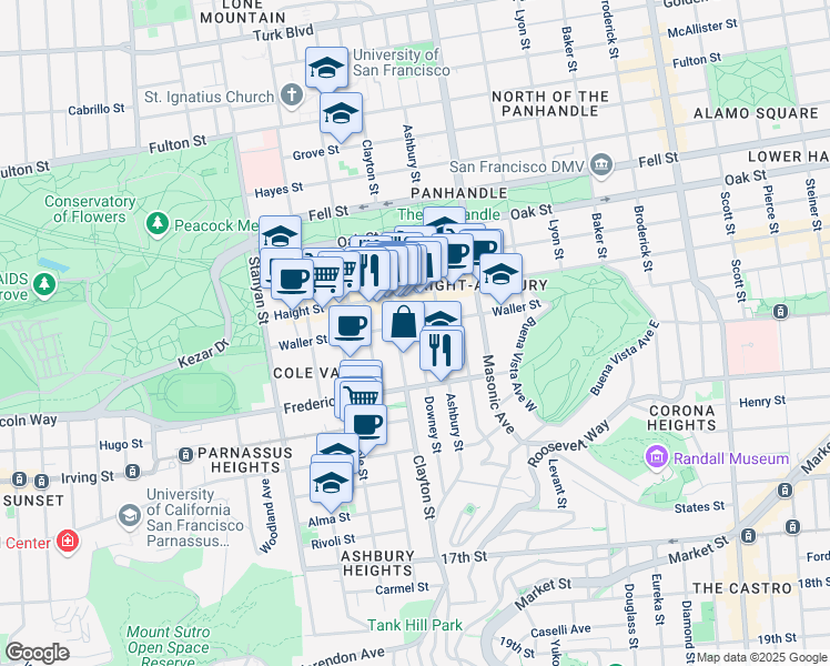 map of restaurants, bars, coffee shops, grocery stores, and more near 716 Clayton Street in San Francisco