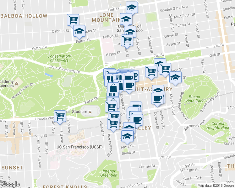 map of restaurants, bars, coffee shops, grocery stores, and more near 1750 Waller Street in San Francisco