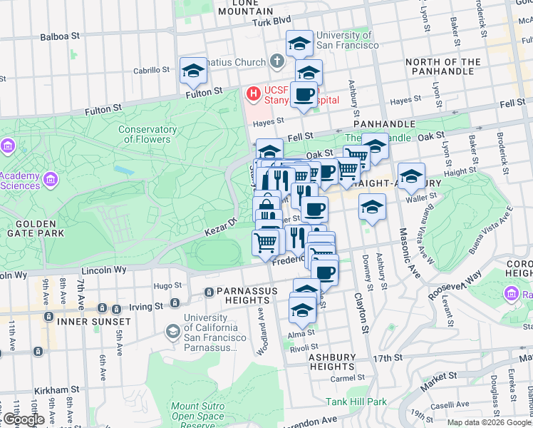 map of restaurants, bars, coffee shops, grocery stores, and more near 1750 Waller Street in San Francisco