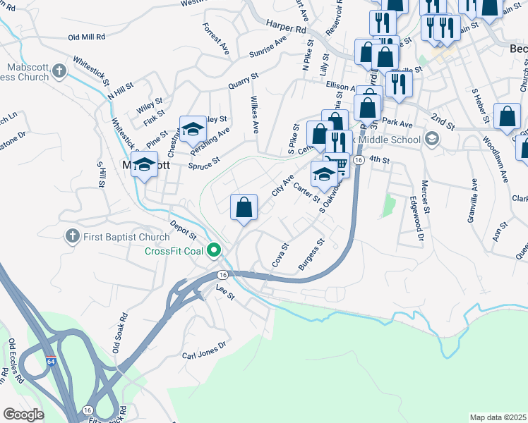 map of restaurants, bars, coffee shops, grocery stores, and more near 207 Charles Street in Beckley