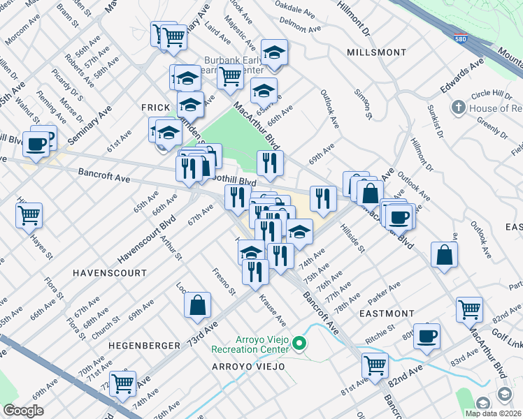 map of restaurants, bars, coffee shops, grocery stores, and more near 2520 Church Street in Oakland