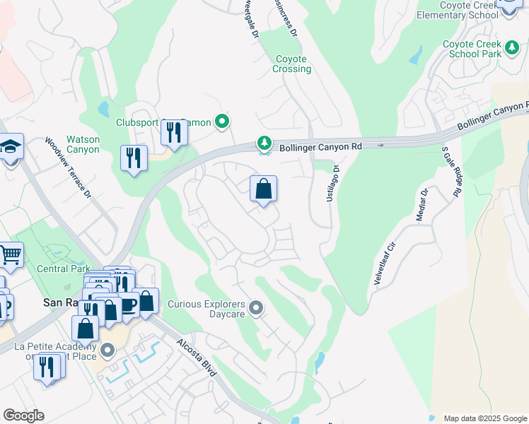 map of restaurants, bars, coffee shops, grocery stores, and more near 347 Eastridge Drive in San Ramon