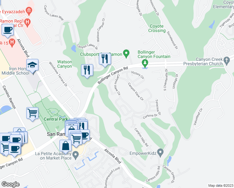 map of restaurants, bars, coffee shops, grocery stores, and more near 246 Copper Ridge Road in San Ramon