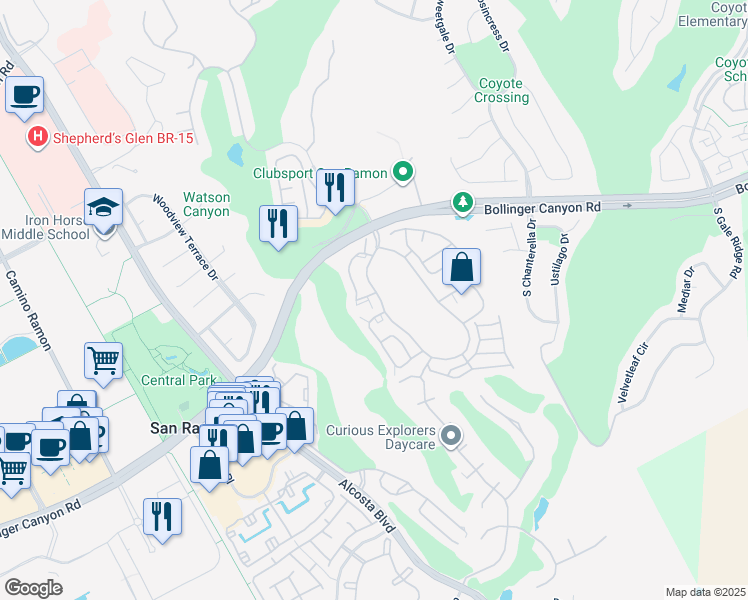 map of restaurants, bars, coffee shops, grocery stores, and more near 246 Copper Ridge Road in San Ramon