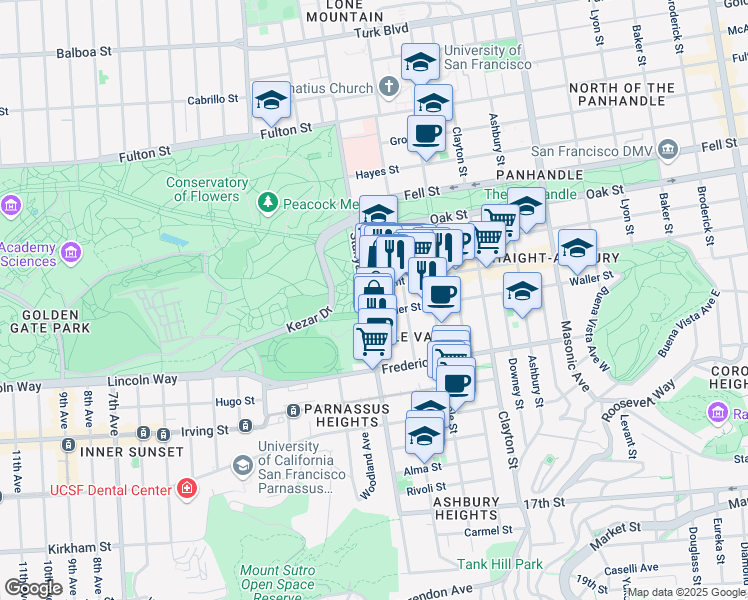 map of restaurants, bars, coffee shops, grocery stores, and more near 1750 Waller Street in San Francisco