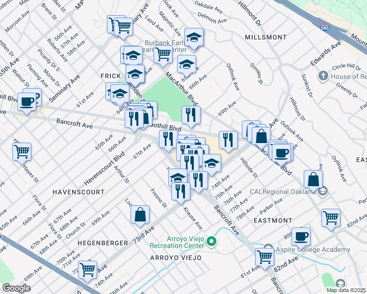 map of restaurants, bars, coffee shops, grocery stores, and more near 2520 Church Street in Oakland