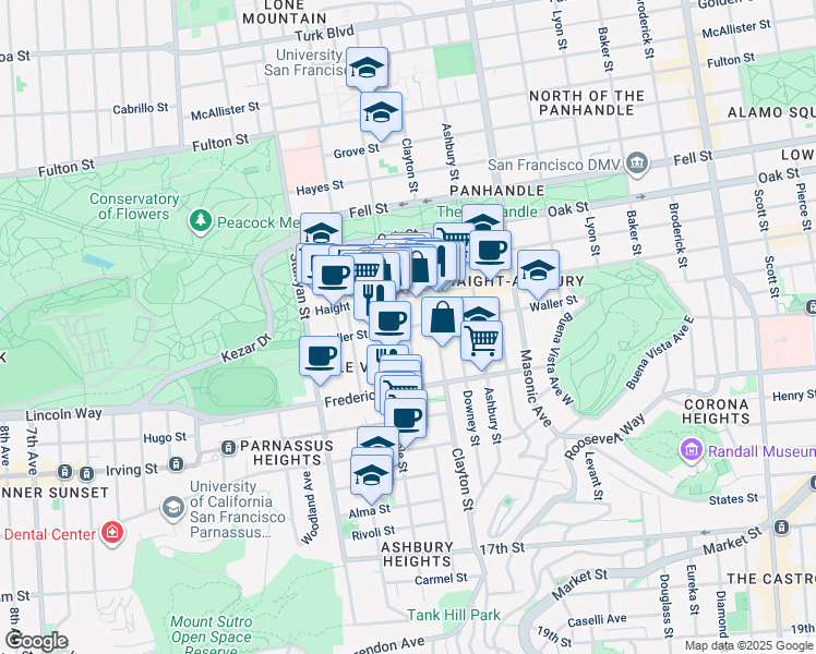 map of restaurants, bars, coffee shops, grocery stores, and more near Waller St & Belvedere St in San Francisco