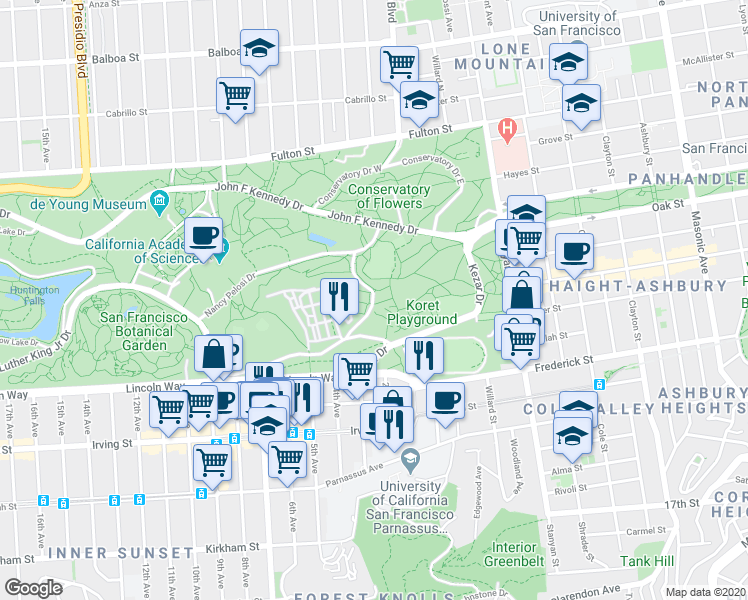 map of restaurants, bars, coffee shops, grocery stores, and more near 300 Bowling Green Drive in San Francisco