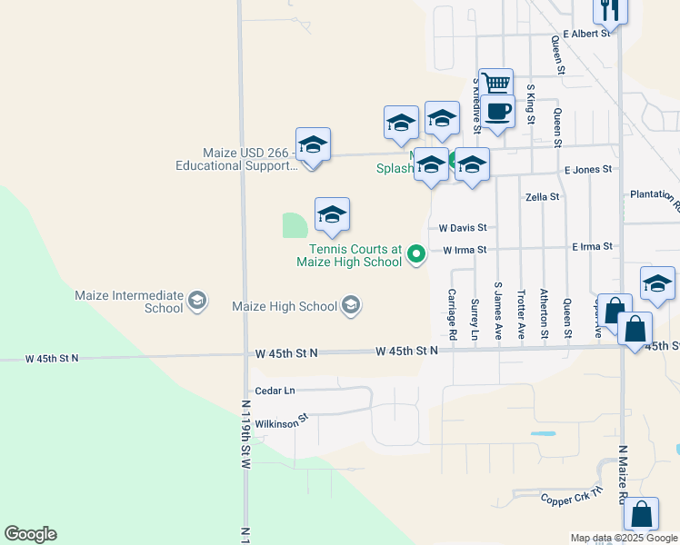 map of restaurants, bars, coffee shops, grocery stores, and more near 11600 West 45th Street North in Maize
