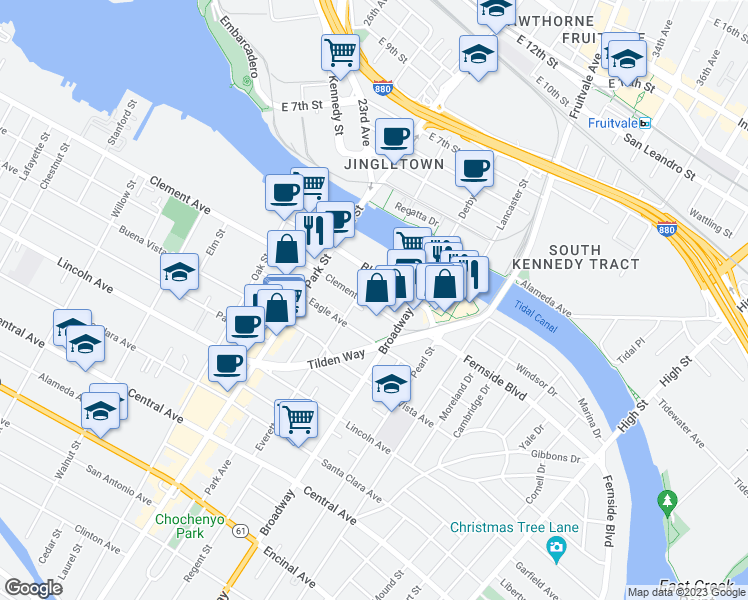 map of restaurants, bars, coffee shops, grocery stores, and more near 2515 Clement Avenue in Alameda