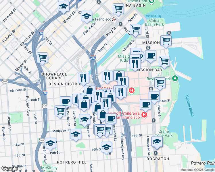 map of restaurants, bars, coffee shops, grocery stores, and more near 1500 Owens Street in San Francisco