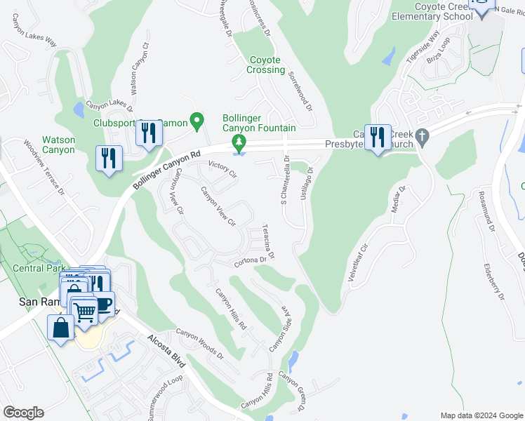 map of restaurants, bars, coffee shops, grocery stores, and more near 164 Eastridge Drive in San Ramon