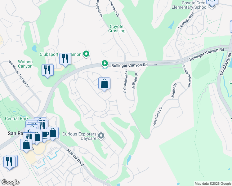 map of restaurants, bars, coffee shops, grocery stores, and more near 160 Eastridge Drive in San Ramon
