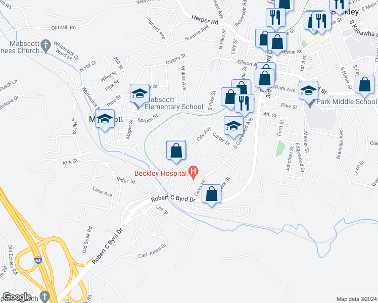 map of restaurants, bars, coffee shops, grocery stores, and more near 422 City Avenue in Beckley
