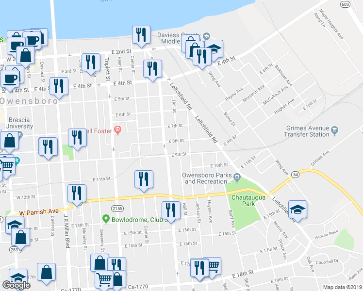 map of restaurants, bars, coffee shops, grocery stores, and more near 807 Hall Street in Owensboro