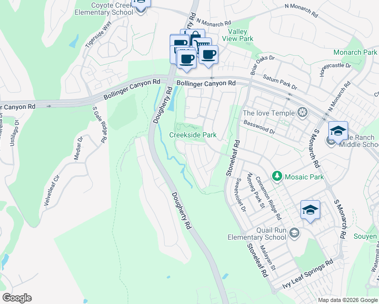 map of restaurants, bars, coffee shops, grocery stores, and more near 125 Lucy Lane in San Ramon