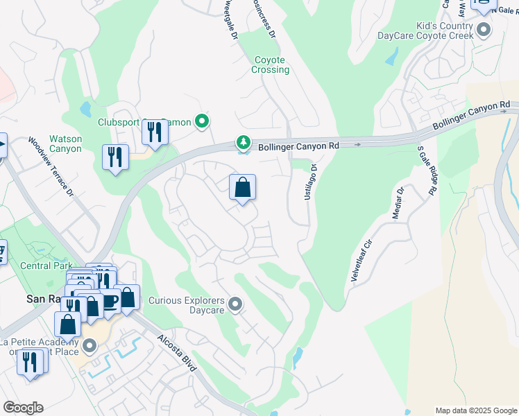 map of restaurants, bars, coffee shops, grocery stores, and more near 160 Eastridge Drive in San Ramon
