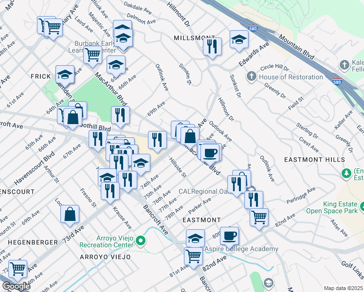 map of restaurants, bars, coffee shops, grocery stores, and more near in Oakland