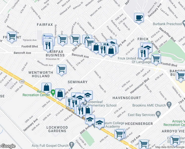 map of restaurants, bars, coffee shops, grocery stores, and more near 5947 Hilton Street in Oakland