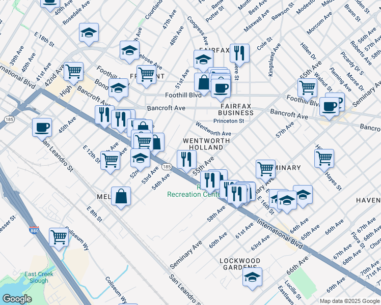 map of restaurants, bars, coffee shops, grocery stores, and more near 5456 Holland Street in Oakland