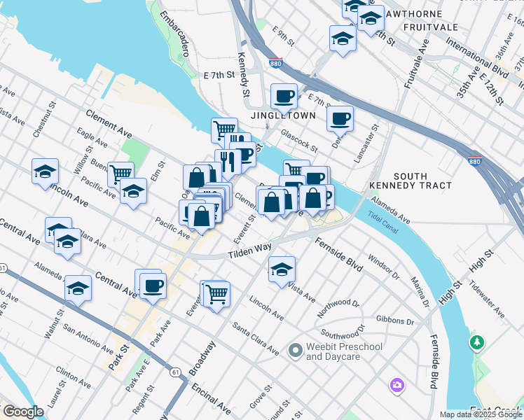 map of restaurants, bars, coffee shops, grocery stores, and more near 1814 Everett Street in Alameda