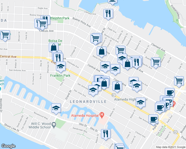 map of restaurants, bars, coffee shops, grocery stores, and more near 1220 Union Street in Alameda