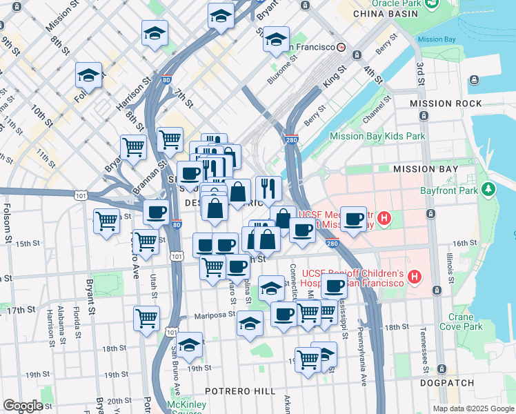map of restaurants, bars, coffee shops, grocery stores, and more near 150 Hooper Street in San Francisco