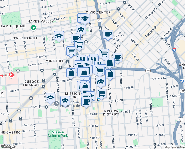 map of restaurants, bars, coffee shops, grocery stores, and more near 344 14th Street in San Francisco