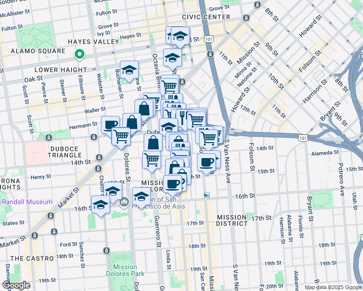 map of restaurants, bars, coffee shops, grocery stores, and more near in San Francisco