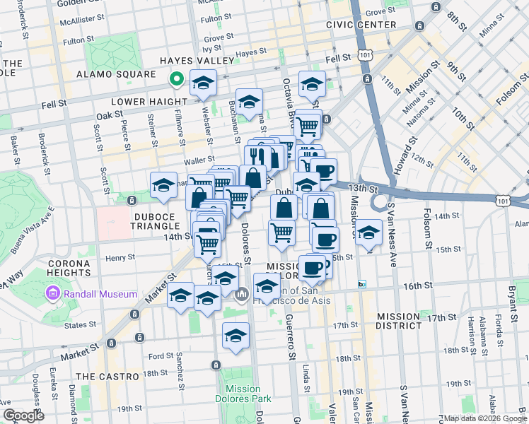 map of restaurants, bars, coffee shops, grocery stores, and more near 51 Rosemont Place in San Francisco
