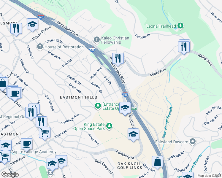 map of restaurants, bars, coffee shops, grocery stores, and more near 8065 Earl Street in Oakland