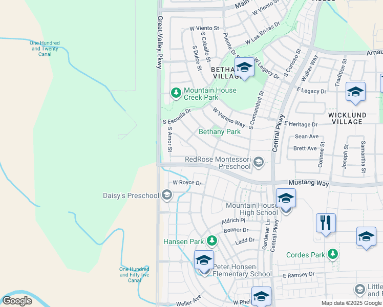 map of restaurants, bars, coffee shops, grocery stores, and more near 565 Corazon Way in Mountain House