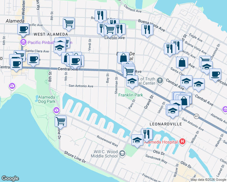 map of restaurants, bars, coffee shops, grocery stores, and more near 1247 Sherman Street in Alameda