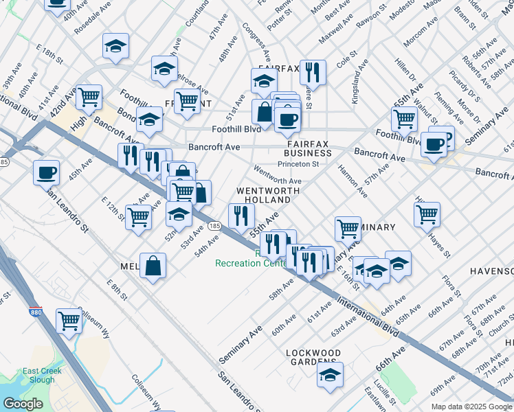 map of restaurants, bars, coffee shops, grocery stores, and more near 5467 Crittenden Street in Oakland