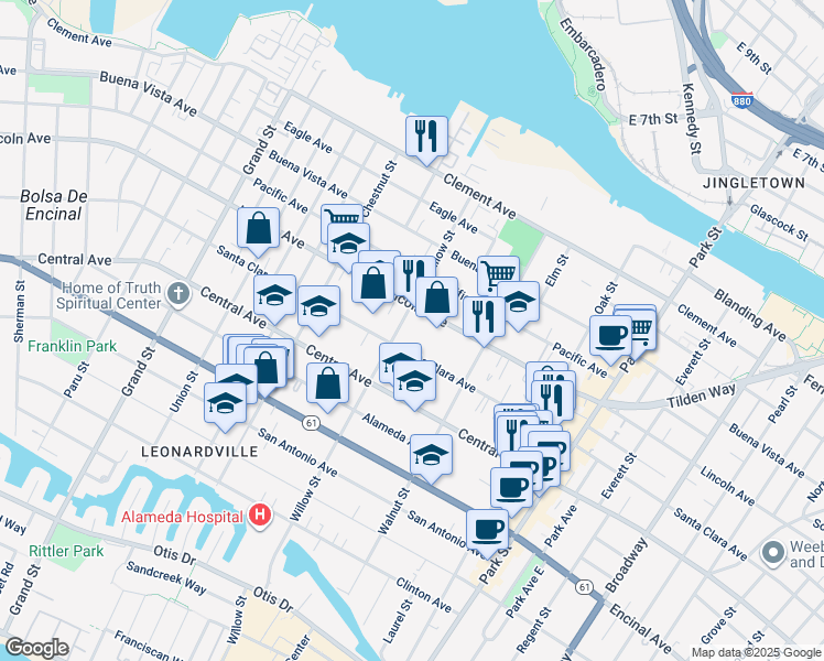 map of restaurants, bars, coffee shops, grocery stores, and more near 1520 Willow Street in Alameda