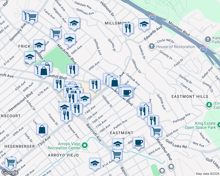 map of restaurants, bars, coffee shops, grocery stores, and more near in Oakland