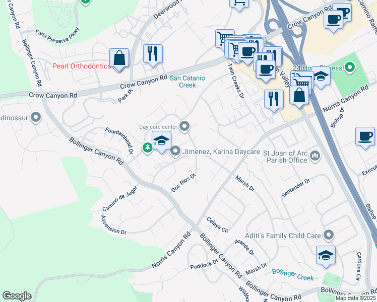map of restaurants, bars, coffee shops, grocery stores, and more near 2747 Marsh Drive in San Ramon