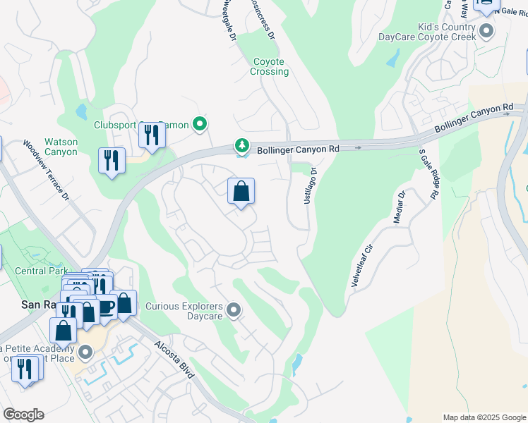 map of restaurants, bars, coffee shops, grocery stores, and more near 170 Eastridge Drive in San Ramon