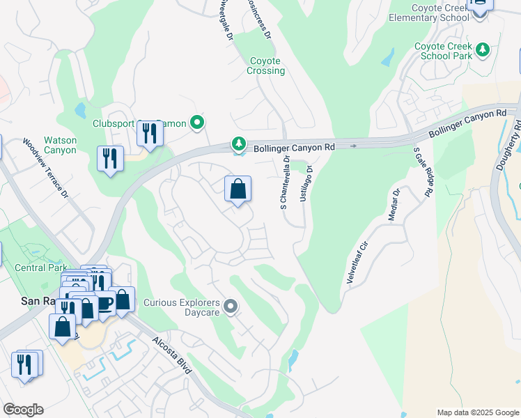 map of restaurants, bars, coffee shops, grocery stores, and more near 162 Eastridge Drive in San Ramon