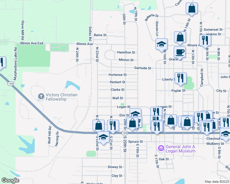 map of restaurants, bars, coffee shops, grocery stores, and more near 2036 Wall Street in Murphysboro