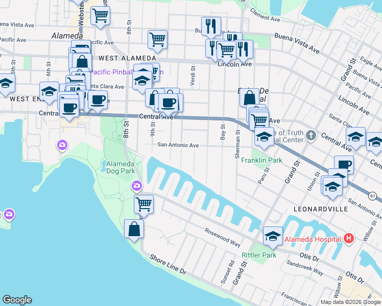 map of restaurants, bars, coffee shops, grocery stores, and more near 1259 Hawthorne Street in Alameda