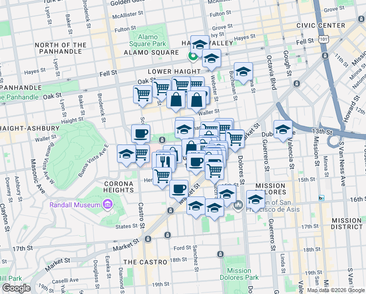 map of restaurants, bars, coffee shops, grocery stores, and more near 44 Sanchez Street in San Francisco