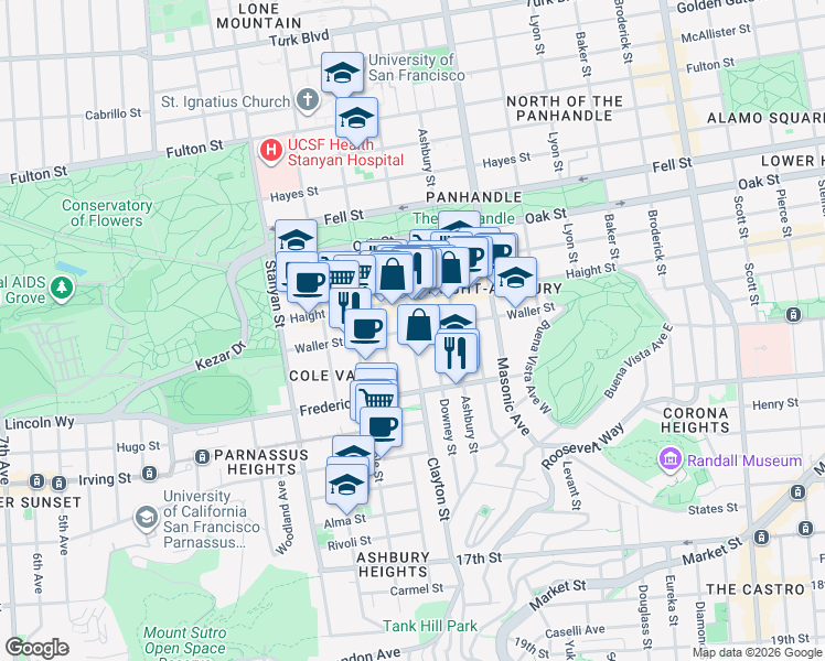map of restaurants, bars, coffee shops, grocery stores, and more near Waller St & Clayton St in San Francisco