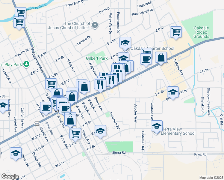 map of restaurants, bars, coffee shops, grocery stores, and more near 1005 East F Street in Oakdale
