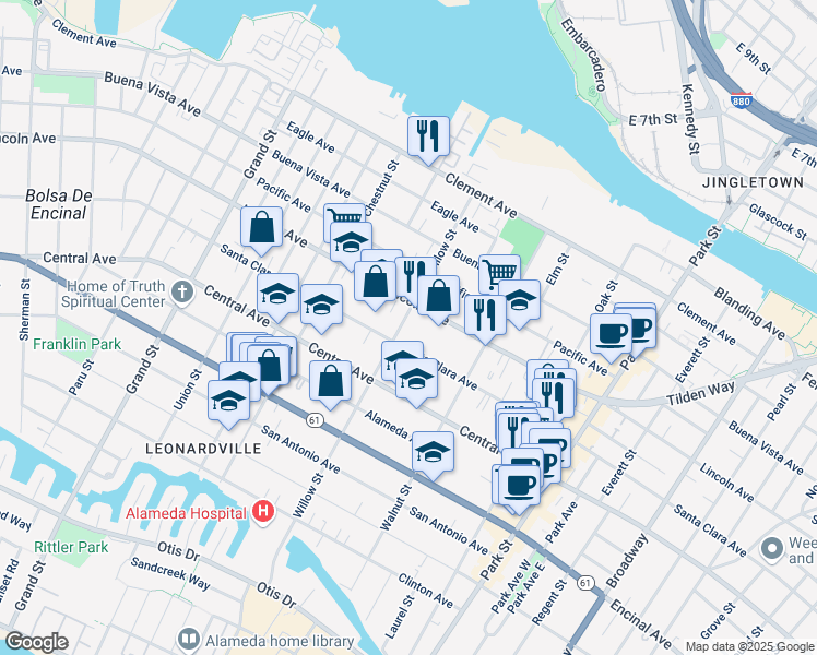 map of restaurants, bars, coffee shops, grocery stores, and more near 2109 Santa Clara Avenue in Alameda