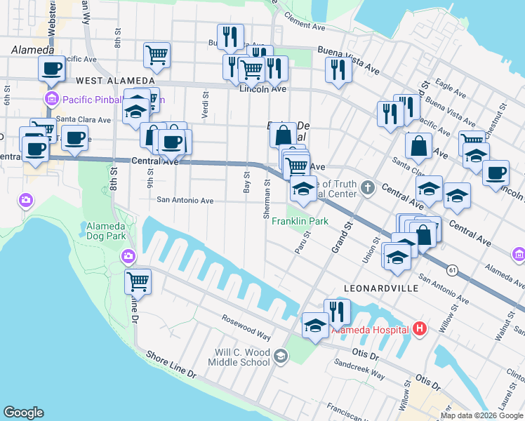 map of restaurants, bars, coffee shops, grocery stores, and more near 1247 Sherman Street in Alameda